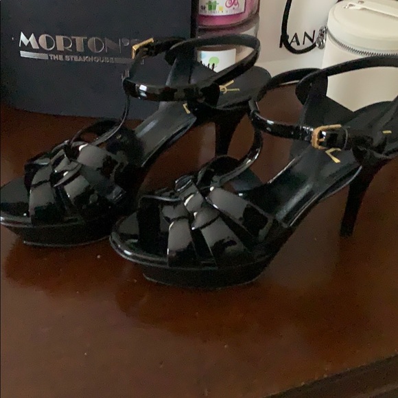 TRIBUTE platform sandals in patent leather in Black | Saint  YSL Tribute Sandal